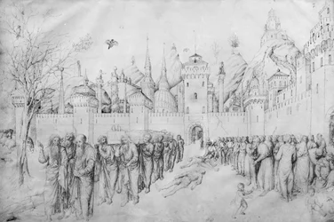 Funeral da Virgem, do Álbum de desenhos de Jacopo Bellini (caneta e tinta sobre velino)